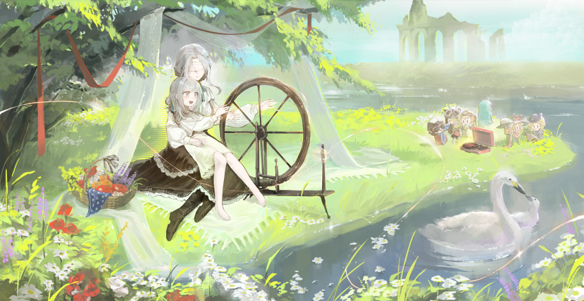 2girls, 37_(reverse:1999), :d, absurdres, aged_down, apple, apple_(reverse:1999), bare_legs