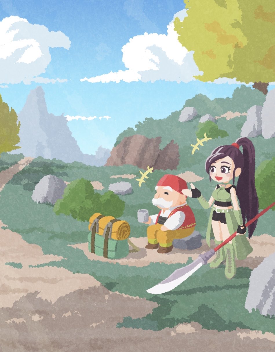 1boy, 1girl, backpack, bag, black_gloves, black_shirt, black_shorts, boots, breasts, brown_boots, cloud, crop_top, cup, dragon_quest, dragon_quest_xi, facial_hair, fez_hat, fingerless_gloves, gloves, grass, green_boots, green_vest, hair_tie, hat, highres, holding, holding_cup, holding_polearm, holding_weapon, long_hair, martina_(dq11), medium_breasts, mustache, old, old_man, open_mouth, orange_pants, outdoors, pants, pellrunks, polearm, ponytail, purple_hair, red_hat, red_vest, rock, row_(dq11), shirt, short_shorts, shorts, showgirl_skirt, sitting, smile, standing, tree, vest, weapon, white_hair, white_shirt