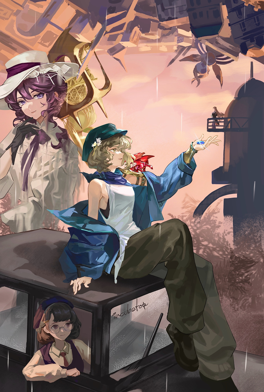 4girls, :d, absurdres, armor, beret, beryl_bouanich, black_gloves, black_pants