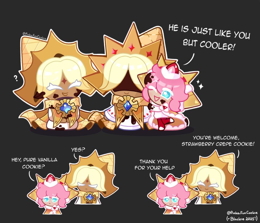 1boy, 1other, 2025, ?, ^_^, androgynous, black_bow, blackie_(pinkafuncookie), blonde_hair, blue_eyes, blue_gem, boots, bow, bright_pupils, brooch, cape, chibi, child, closed_eyes, colored_eyelashes, commentary, cookie_run, cookie_run:_kingdom, dark-skinned_male, dark_skin, diamond_print, dirty, dirty_clothes, dirty_face, english_commentary, english_text, eyes_visible_through_hair, facial_mark, food-themed_clothes, food-themed_hair_ornament, forehead_mark, frown, fur-trimmed_sleeves, fur_trim, gem, hair_ornament, happy, hat, highres, jewelry, long_sleeves, meme, multiple_views, neck_ruff, official_style, one_eye_closed, open_mouth, pants, pink_hair, print_sleeves, pure_vanilla_cookie, red_pants, robe, sad, short_hair, signature, simple_background, sleeves_past_wrists, smile, star-shaped_pupils, star_(symbol), strawberry_crepe_cookie, strawberry_hair_ornament, symbol-shaped_pupils, twitter_username, white_boots, white_pupils, white_robe, wide_sleeves, yellow_cape, yellow_cloak, yellow_hat