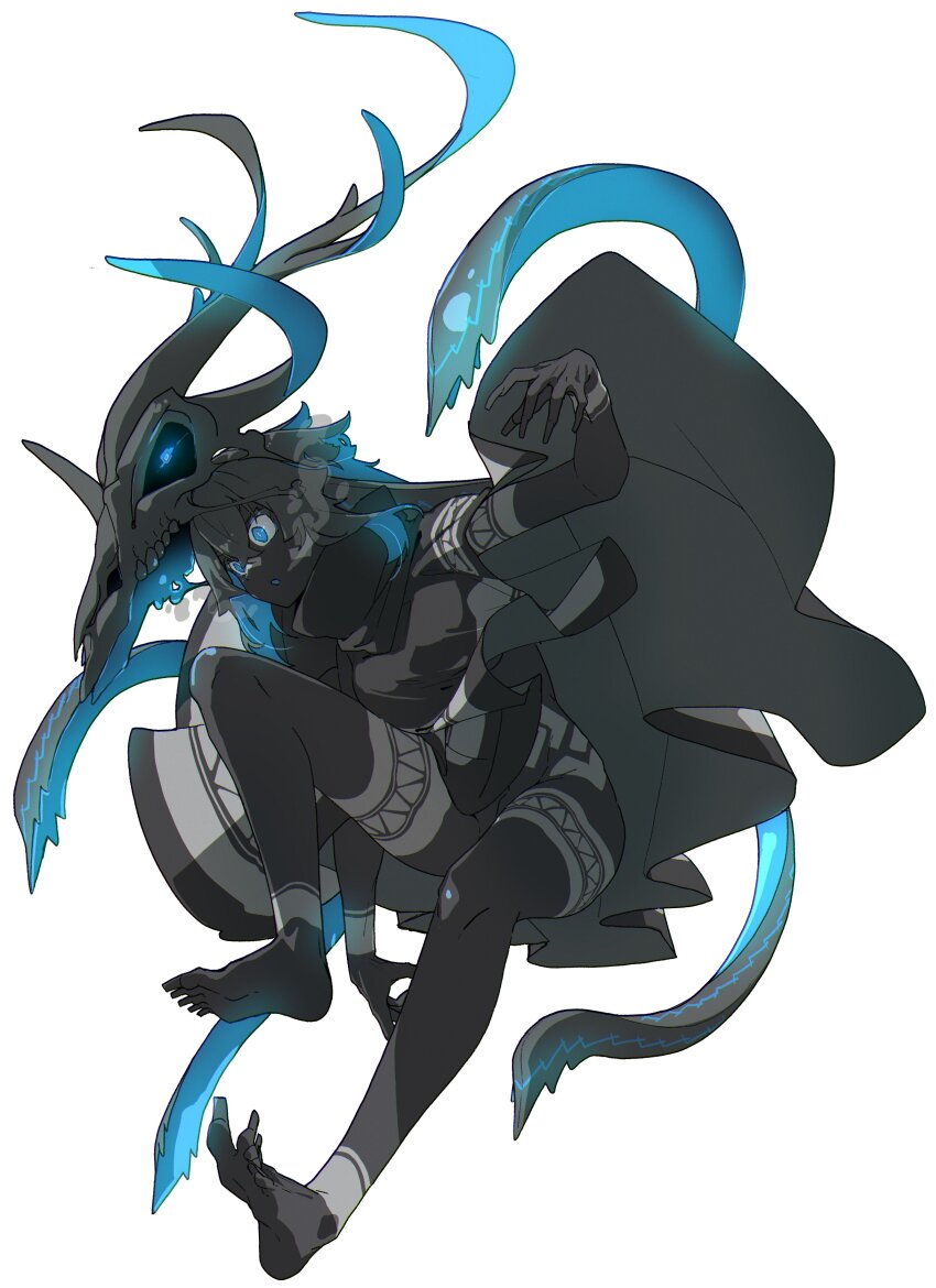 1girl, absurdres, animal_skull, antlers, bare_shoulders, barefoot, black_hair, black_poncho