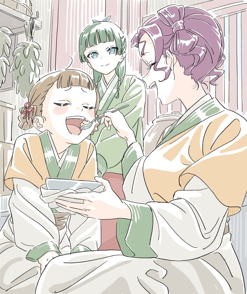 3girls, absurdres, beads, blue_eyes, blue_ribbon, blunt_bangs, blush_stickers, bowl