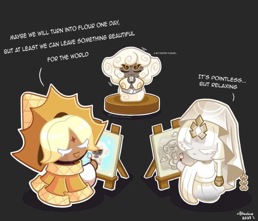 1boy, 1girl, 1other, 2025, black_background, blackie_(pinkafuncookie), blonde_hair, canvas_(object), cape, chibi, claws, closed_eyes, closed_mouth, cloud_haetae_cookie, colored_eyelashes, colored_skin, cookie_run, cookie_run:_kingdom, curly_hair, dark-skinned_male, dark_skin, easel, english_text, eyes_visible_through_hair, facial_mark, forehead_jewel, forehead_mark, gem, grey_skin, happy, hat, highres, holding, holding_paintbrush, knees_apart_feet_together, light_smile, long_hair, long_sleeves, motion_lines, mystic_flour_cookie, official_style, outline, own_hands_together, paintbrush, painting_(action), painting_(object), pure_vanilla_cookie, robe, short_hair, signature, simple_background, sitting, standing, tail, thick_eyebrows, veil, very_long_hair, white_gem, white_hair, white_outline, white_robe, white_veil, wide_sleeves, yellow_cape, yellow_hat