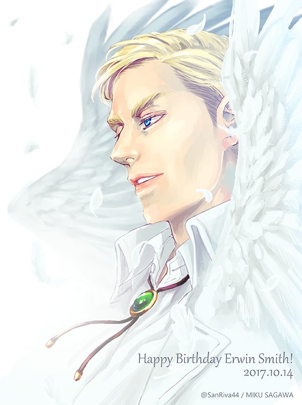 1boy, blonde_hair, blue_eyes, bolo_tie, collared_shirt, dated, erwin_smith, falling_feathers
