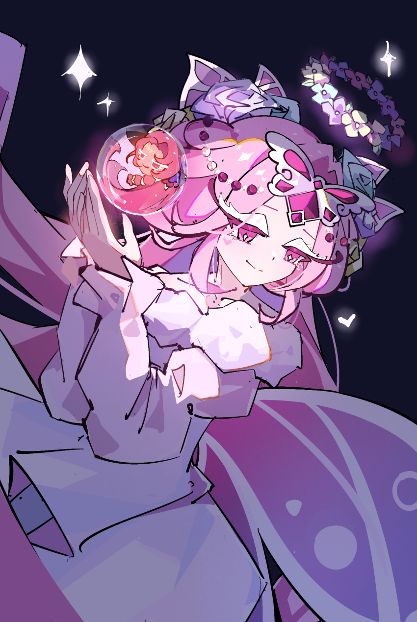 2girls, absurdres, aqua_horse, beads, black_bow, bow, bright_pupils, butterfly_hair_ornament, cape, chibi, chinese_commentary, circlet, closed_mouth, commentary_request, cookie_run, cookie_run:_kingdom, dark-skinned_female, dark_skin, diamond-shaped_pupils, diamond_(shape), dress, eternal_sugar_cookie, eternal_sugar_cookie_(blooming_bringer_of_sloth), eyes_visible_through_hair, facial_tattoo, fairy, fairy_wings, flower, flower_halo, forehead_jewel, frilled_sleeves, frills, fur-trimmed_dress, fur_trim, gem, hair_beads, hair_flower, hair_intakes, hair_ornament, half_updo, halo, happy, heart, heart_tattoo, highres, hollyberry_cookie, humanization, juliet_sleeves, long_hair, long_sleeves, looking_to_the_side, lu_xiangu, mini_person, minigirl, multiple_girls, nape_braid, object_floating_above_hand, official_alternate_costume, orb, parted_lips, pink_cape, pink_eyes, pink_gem, pink_hair, pink_wings, pleated_dress, puffy_long_sleeves, puffy_sleeves, purple_flower, purple_rose, red_eyes, rose, short_hair, short_twintails, simple_background, single_sleeve_past_fingers, size_difference, smile, sparkle, symbol-shaped_pupils, tattoo, twintails, very_long_hair, white_dress, white_eyeshadow, white_pupils, wings