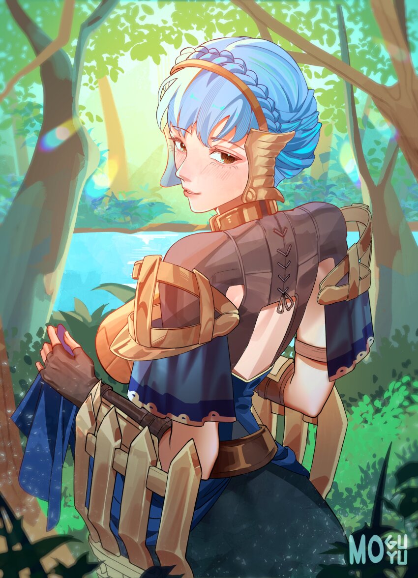 1girl, absurdres, alternate_costume, artist_name, black_gloves, blue_hair, blush, braid