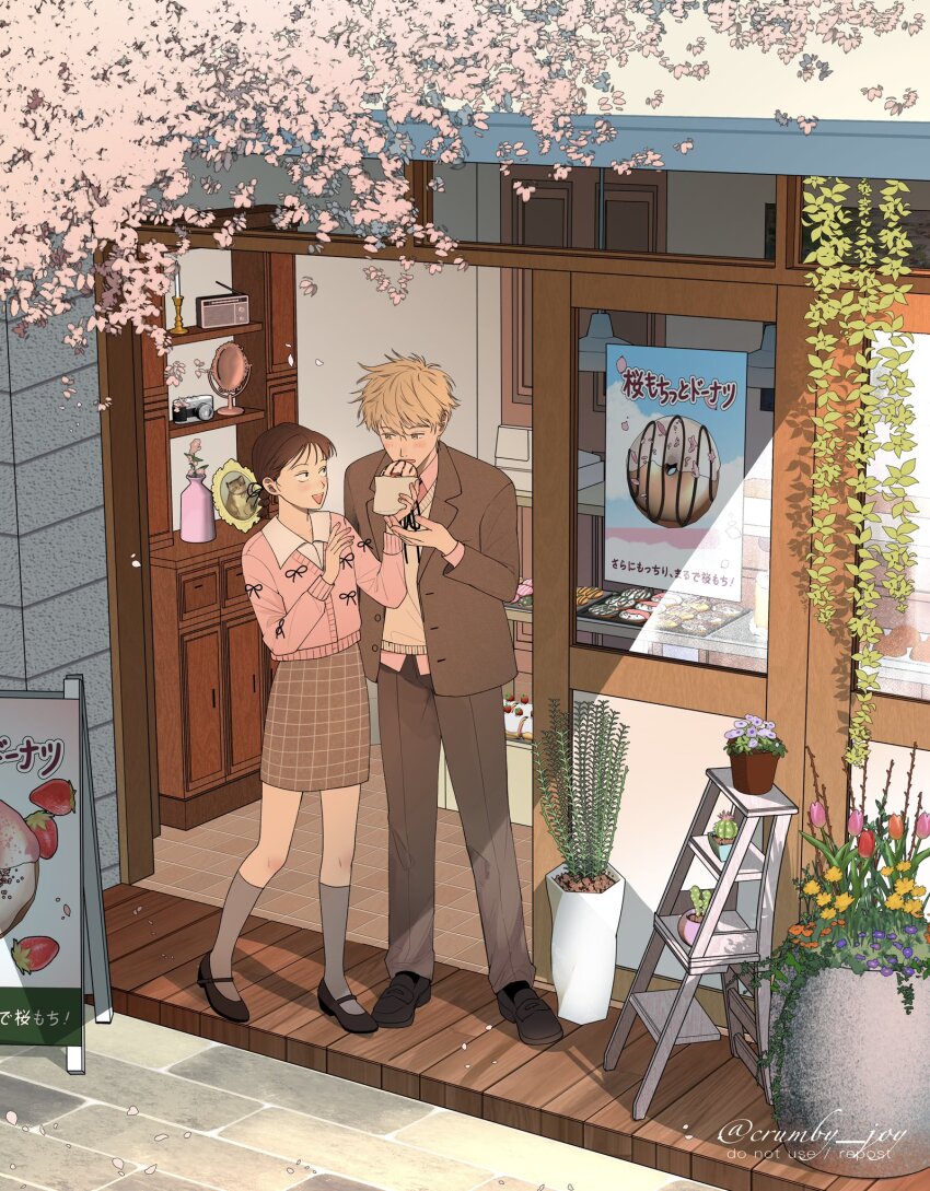 blonde_hair, brown_hair, cherry_blossoms, collared_shirt, crumby_joy, donut, falling_petals, feeding