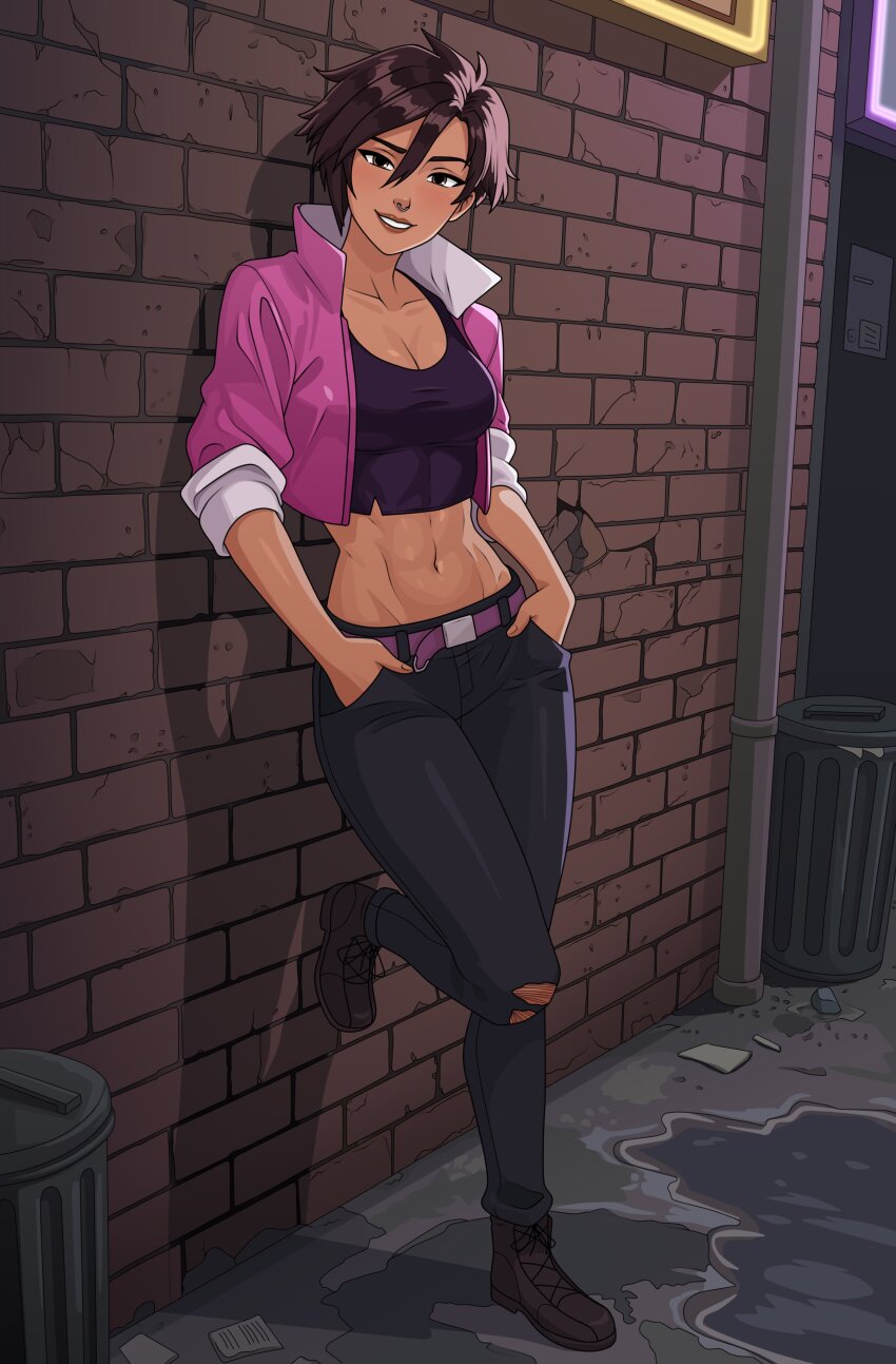 1girl, absurdres, belt, black_hair, black_pants, blush, brown_eyes, brown_shoes, commentary, cropped_jacket, dispatch, english_commentary, face_piercing, hand_in_pocket, highres, invisigal_(dispatch), jacket, kim_kai, looking_at_viewer, midriff, navel, nose_piercing, pants, piercing, pink_jacket, pocket, purple_belt, shadow, shoes, smile, solo, stomach, torn_clothes, torn_pants