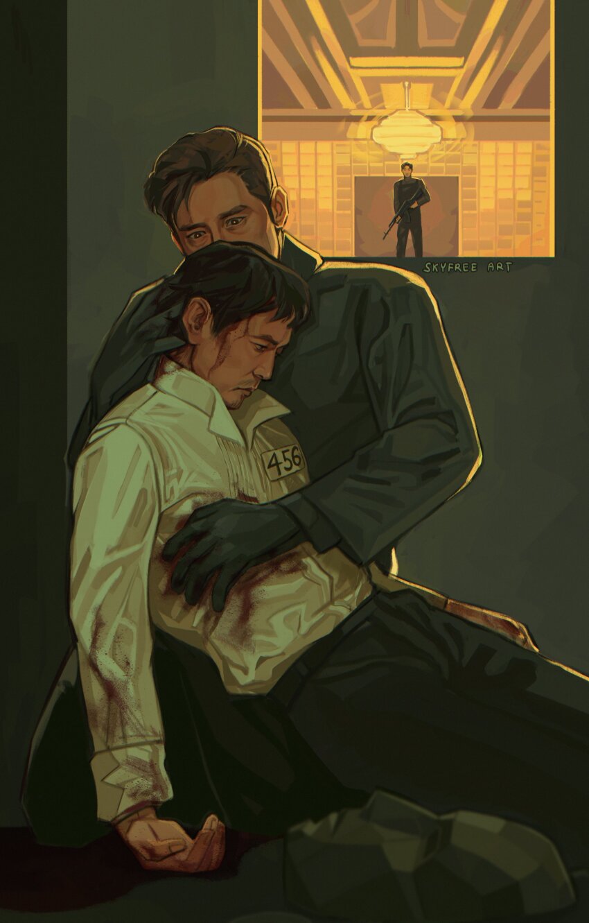 3boys, absurdres, backlighting, beard_stubble, black_eyes, black_gloves, black_shirt, blank_stare