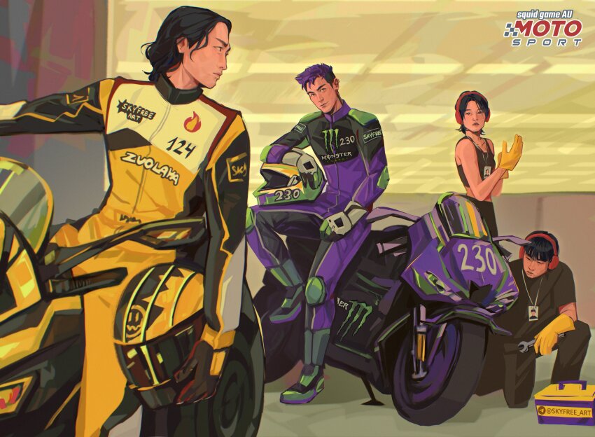 1girl, 3boys, absurdres, black_hair, black_tank_top, bodysuit, buzz_cut, clothes_writing