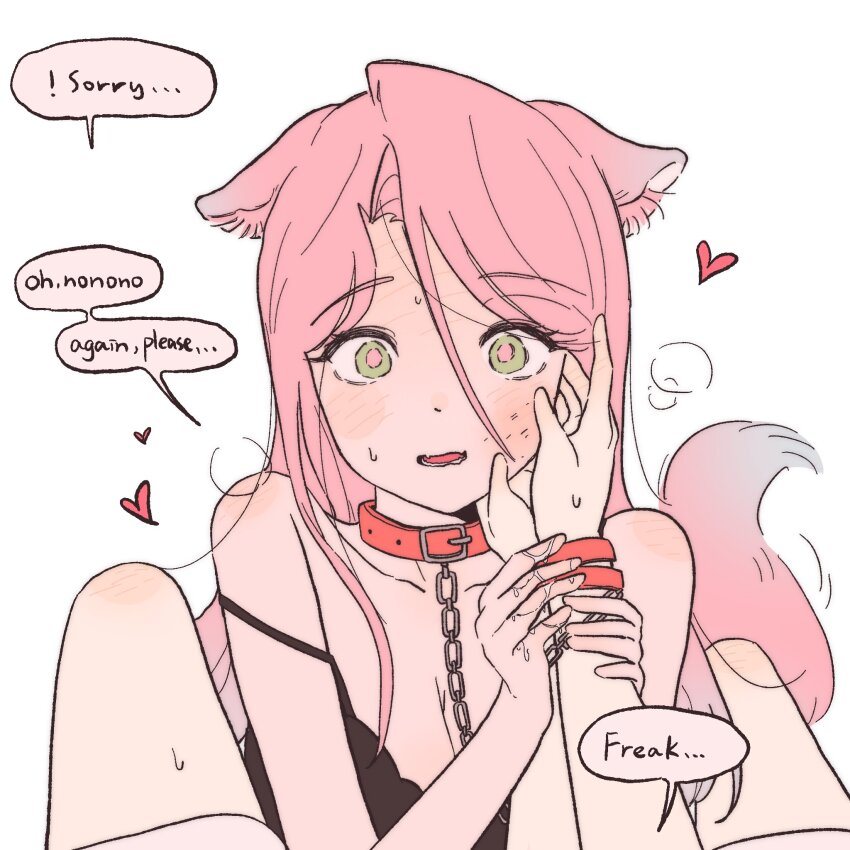 2girls, alien_stage, animal_ears, bruise, bruise_on_face, chain, chain_leash, coldmeow, collar, commentary, dog_ears, dog_girl, dog_tail, english_commentary, english_text, green_eyes, hand_on_another's_face, highres, injury, leash, long_hair, mizi_(alien_stage), multiple_girls, pink_hair, sua_(alien_stage), tail