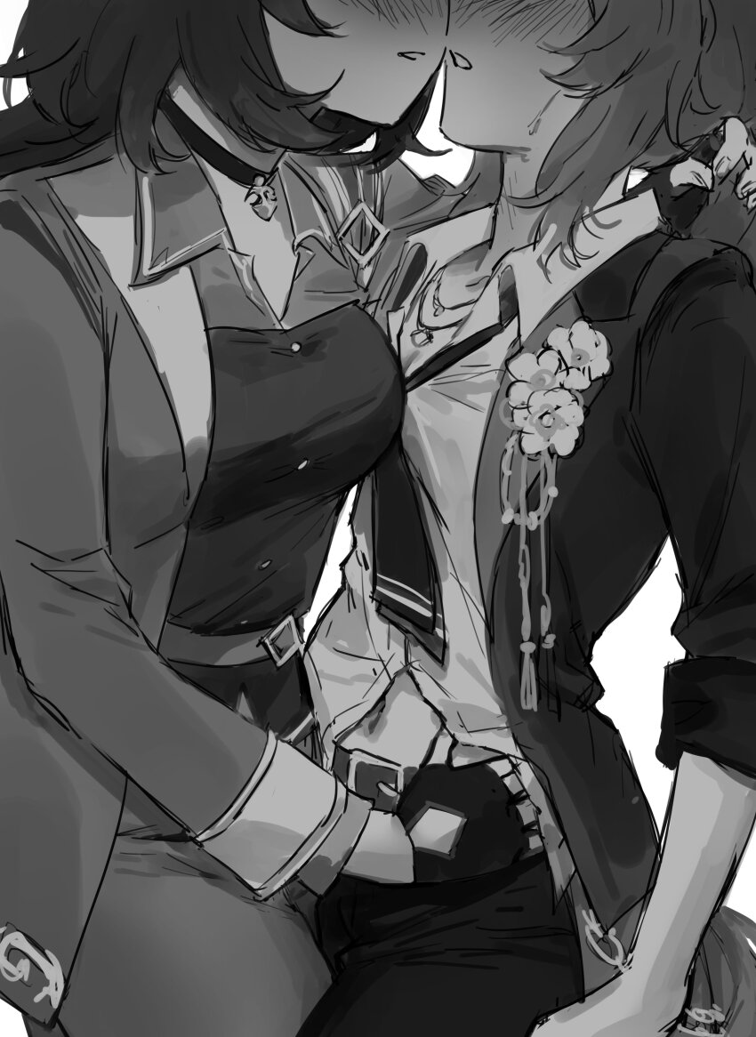 2girls, absurdres, asymmetrical_docking, baryumejuya, blush, breast_press, choker, collared_shirt, commentary, english_commentary, eyes_out_of_frame, fingerless_gloves, gloves, greyscale, hand_on_another's_thigh, hand_under_clothes, hand_under_shirt, head_out_of_frame, highres, jacket, jewelry, long_sleeves, monochrome, multiple_girls, nakayama_festa_(festival_game)_(umamusume), nakayama_festa_(umamusume), navel, necklace, necktie, pants, shirt, sirius_symboli_(feroce)_(umamusume), sirius_symboli_(umamusume), umamusume, yuri