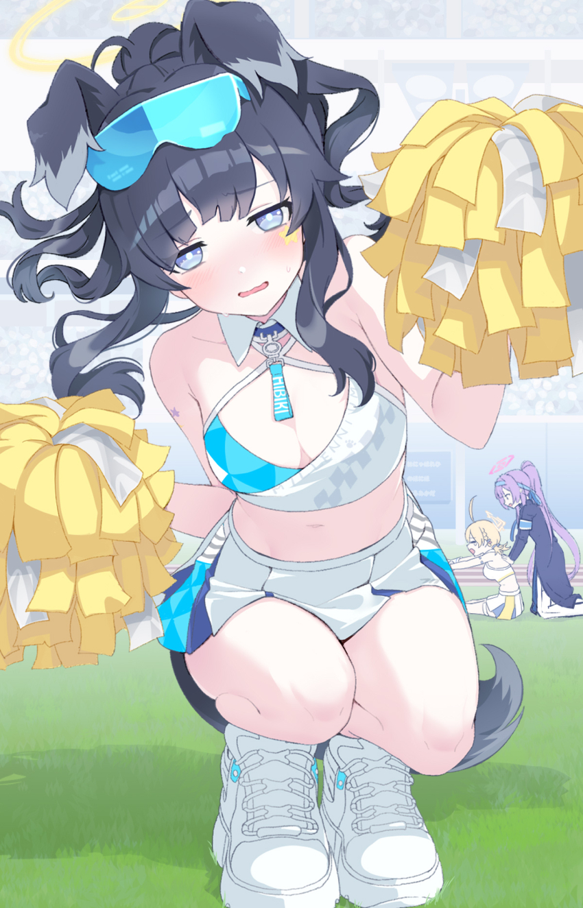 3girls, animal_ears, bare_arms, bare_shoulders, black_hair, blue_archive, blue_skirt, blue_sports_bra