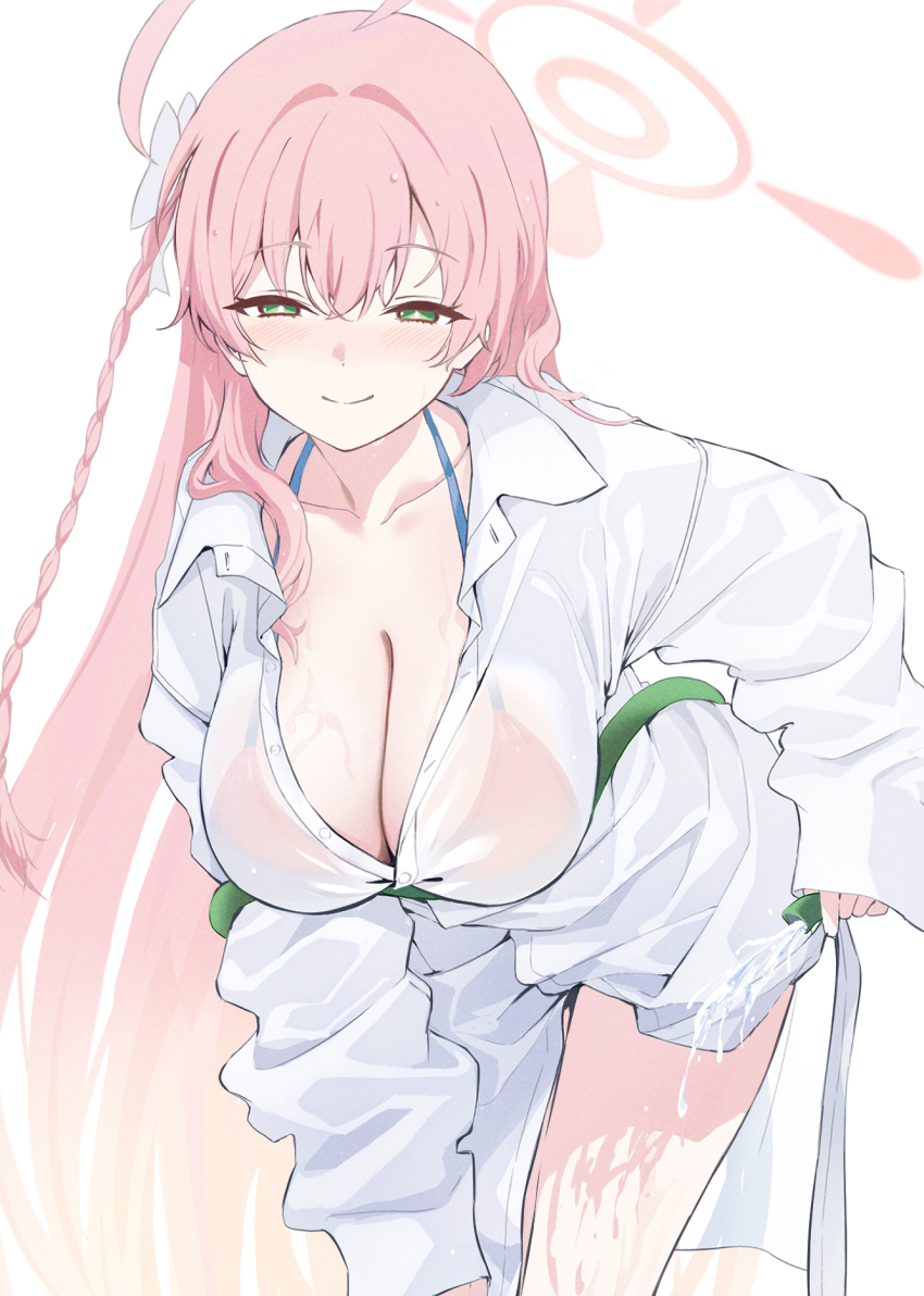 1girl, ahoge, bikini, bikini_under_clothes, bikini_visible_through_clothes, blonde_hair, blue_archive, braid, breasts, cleavage, closed_mouth, cowboy_shot, dress_shirt, gradient_hair, green_eyes, halo, halterneck, hanako_(blue_archive), hanako_(swimsuit)_(blue_archive), highres, holding, holding_hose, hose, huge_ahoge, kayoh0731, kneeling, large_breasts, leaning_forward, long_hair, looking_at_viewer, multicolored_hair, no_pants, official_alternate_costume, oversized_clothes, oversized_shirt, partially_unbuttoned, pink_bikini, pink_hair, pink_halo, seductive_smile, see-through_clothes, see-through_shirt, shirt, side_braid, simple_background, single_braid, smile, solo, swimsuit, very_long_hair, wet, wet_clothes, wet_shirt, white_background, white_shirt