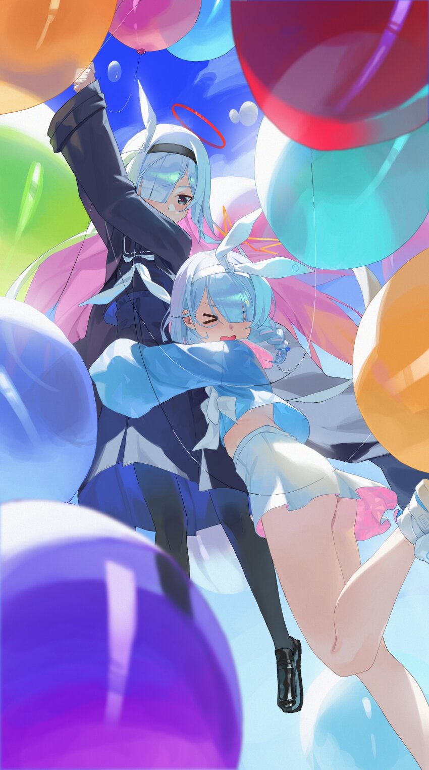 >_<, absurdres, arona_(blue_archive), balloon, black_choker, black_coat, black_eyes, black_hairband