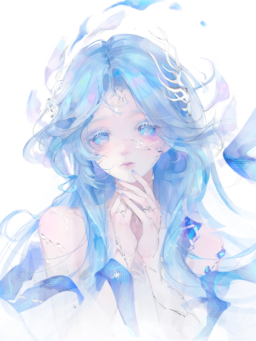 1girl, absurdres, bare_shoulders, blue_eyes, blue_hair, blue_nails, born_flawless_(infinity_nikki), chinese_commentary, closed_mouth, colored_eyelashes, commentary_request, coral_hair_ornament, cracked_skin, cropped_torso, dress, expressionless, eyeliner, facepaint, floating_hair, grey_dress, hair_ornament, hand_on_own_chin, hands_on_own_neck, highres, infinity_nikki, jewelry, lips, long_hair, long_sidelocks, makeup, material_growth, mugoa_mugo, multiple_rings, nail_polish, nikki_(series), own_hands_together, pink_lips, ring, sidelocks, simple_background, solo, strapless, strapless_dress, very_long_hair, wavy_hair, white_background, white_eyeliner