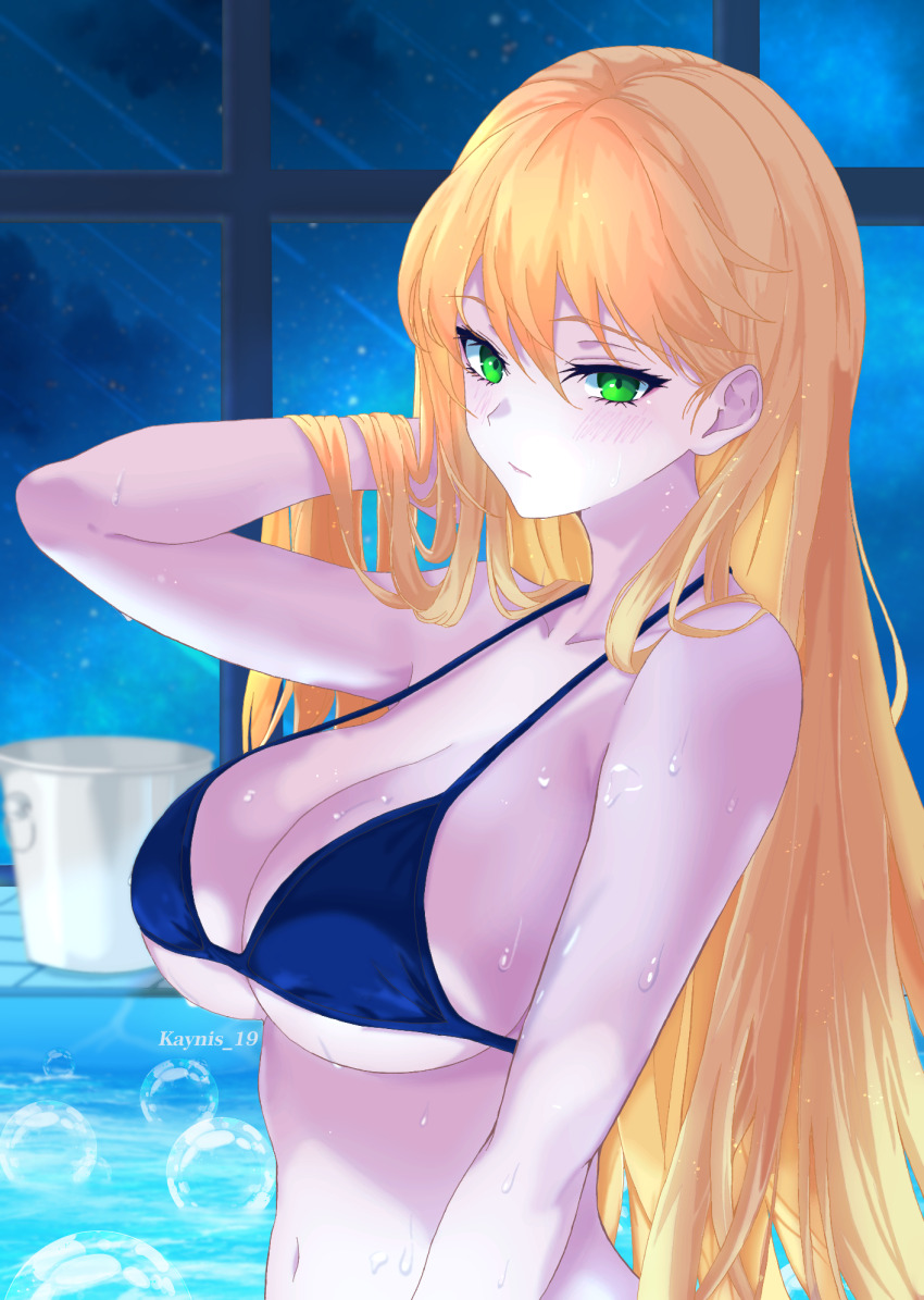 1girl, artoria_pendragon_(fate), artoria_pendragon_(lancer)_(fate), bare_shoulders, bikini, black_bikini, blonde_hair, blush