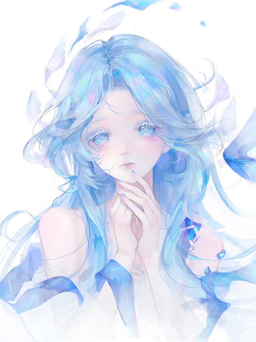 1girl, absurdres, bare_shoulders, blue_eyes, blue_hair, blue_nails, born_flawless_(infinity_nikki), chinese_commentary