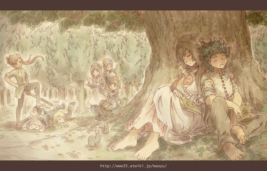 10s, 4boys, 5girls, bad_id, bad_pixiv_id, barefoot, basket, black_hair