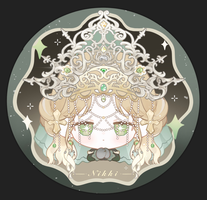 1girl, baonu_de_zhanshen_caibutou, beads, behind_prayers_(infinity_nikki), black_border, black_gloves, blonde_hair, border