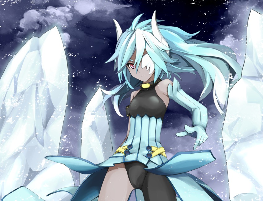 1girl, blue_background, blue_hair, celsius, celsius_(tales), dark-skinned_female, dark_skin, dress, eyepatch, female_focus, gloves, ice, ikuichi, long_hair, pink_eyes, solo, tales_of_(series), tales_of_xillia, toromera