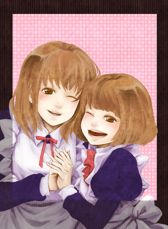 10s, brown_eyes, brown_hair, holding_hands, maid, maid_ane_(maoyuu), maid_imouto_(maoyuu), maoyuu_maou_yuusha