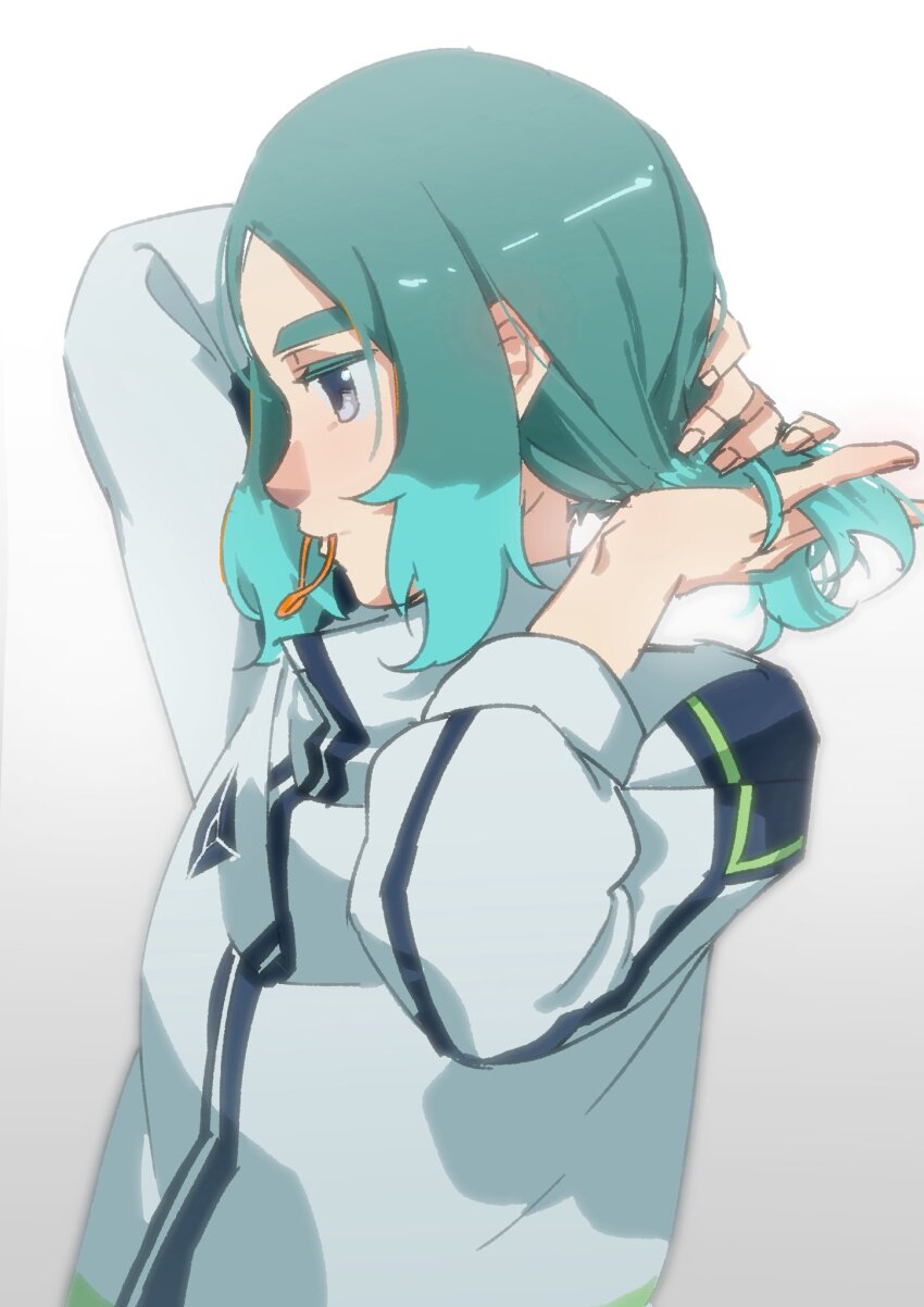 1boy, acidity_lattice, adjusting_hair, aqua_hair, blue_eyes, from_side, hair_tie_in_mouth, highres