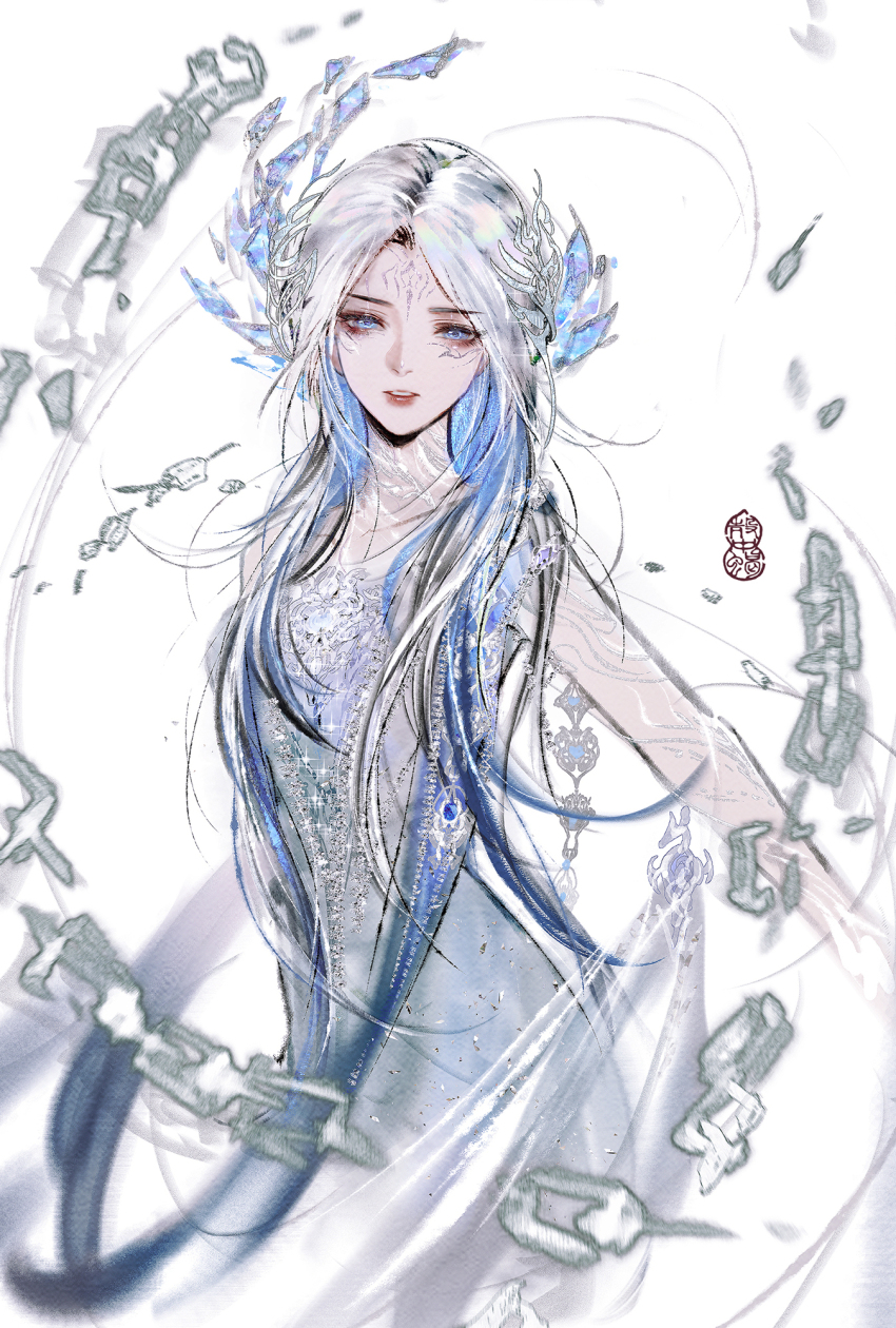 1girl, artist_name, bare_arms, bare_shoulders, blue_hair, bodypaint, born_flawless_(infinity_nikki), chain