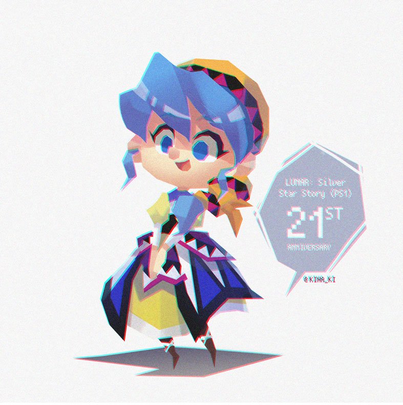 1girl, anniversary, bandana, blue_eyes, blue_hair, chibi, dress, full_body, headscarf, long_hair, looking_at_viewer, luna_noah, lunar, lunar:_the_silver_star, open_mouth, ponytail, rianti-wong, simple_background, smile, solo, white_background