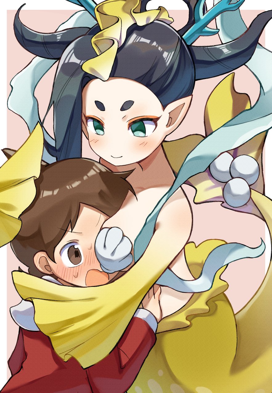 1boy, 1girl, amano_keita, bikini, black_hair, blush, breasts, brown_eyes