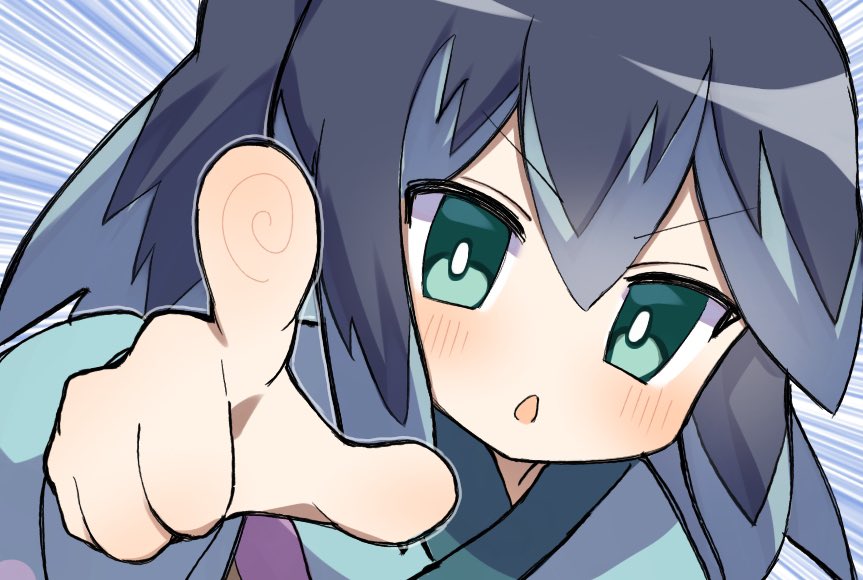 1girl, blue_eyes, blue_hair, blue_kimono, blush, fubukihime, japanese_clothes, kimono, long_hair, looking_at_viewer, lucky_star, multicolored_hair, open_mouth, pointing, pointing_at_viewer, solo, two-tone_hair, unnchi_haha, upper_body, youkai_(youkai_watch), youkai_watch