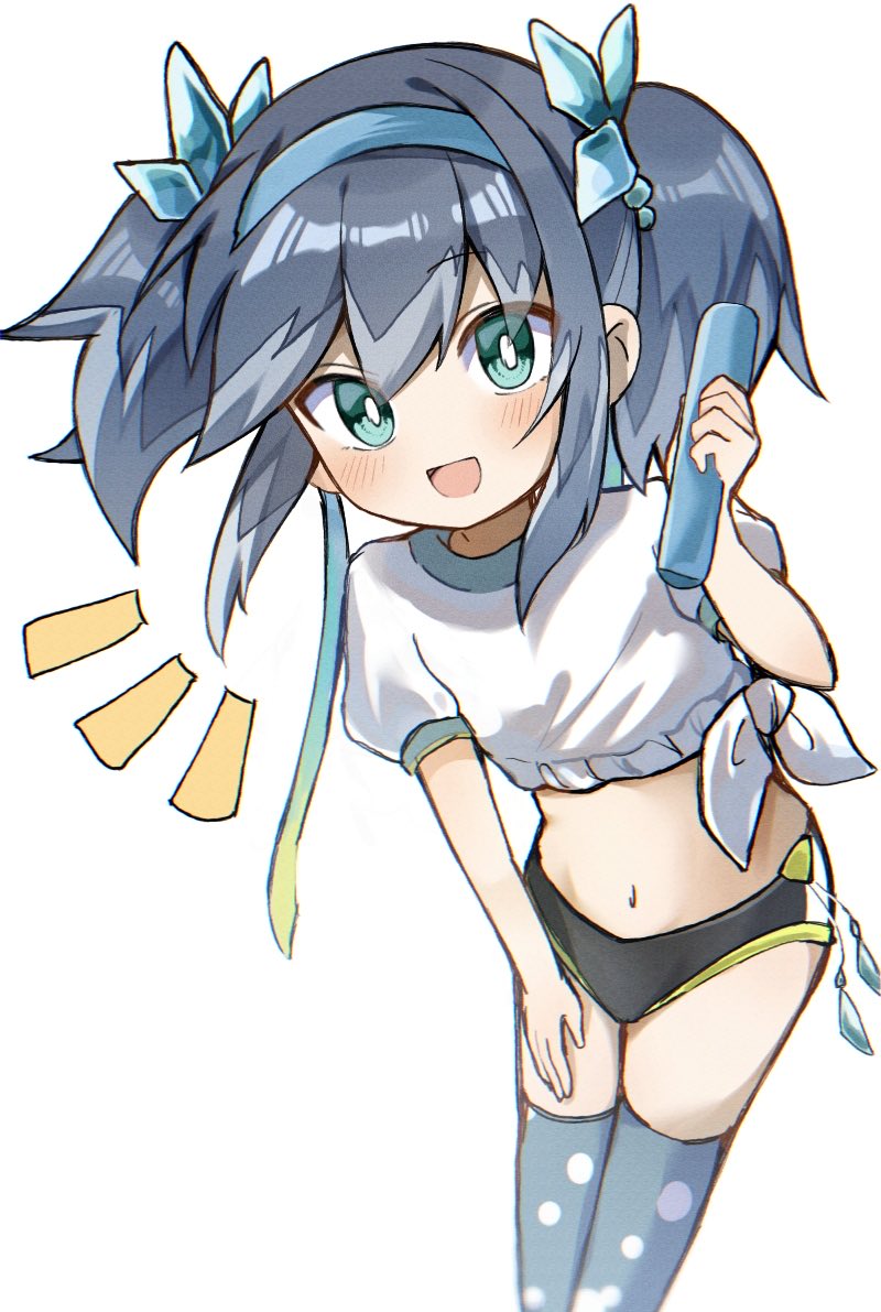 1girl, blue_eyes, blue_hair, breasts, buruma, fubukihime, gym_uniform, hair_ornament