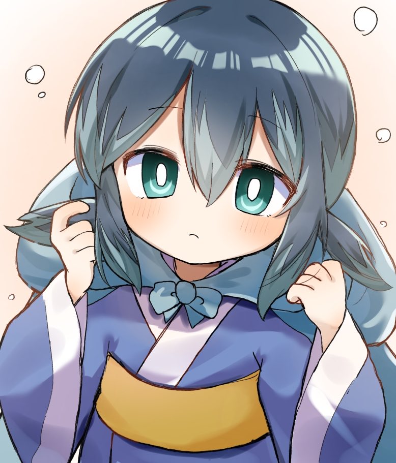 1girl, blue_eyes, blue_hair, blue_kimono, blush, japanese_clothes, kimono, looking_at_viewer