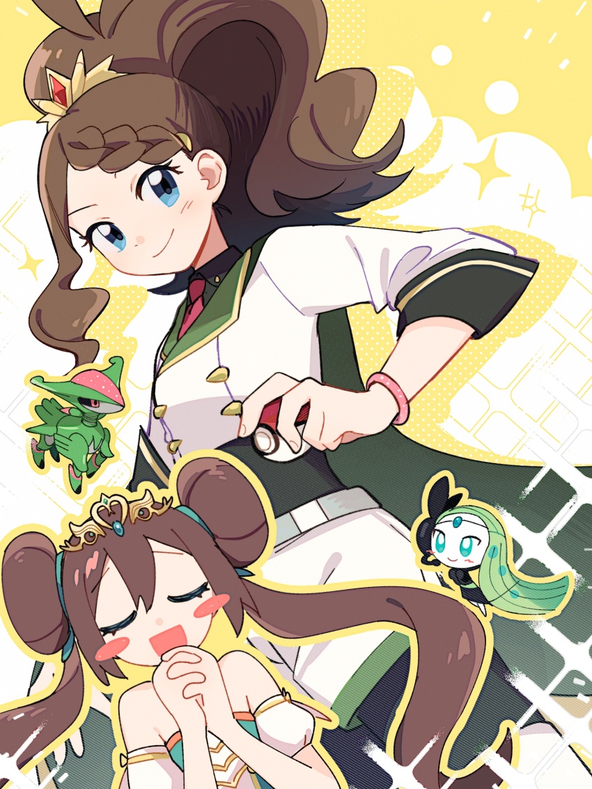 2girls, :d, belt, blue_eyes, blush_stickers, bracelet, braid, brown_hair