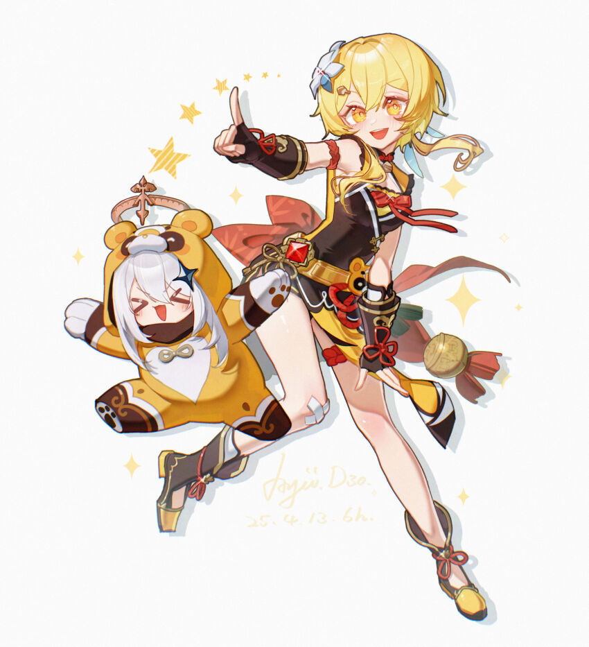 >_<, 2girls, animal_costume, ayiiiyiii, bandaid, bandaid_on_leg, blonde_hair, breasts, brown_gloves, china_dress, chinese_clothes, closed_eyes, cosplay, dress, fingerless_gloves, flower, genshin_impact, gloves, guoba_(genshin_impact), guoba_(genshin_impact)_(cosplay), hair_flower, hair_ornament, high_heels, highres, hood, hood_up, long_hair, lumine_(genshin_impact), multiple_girls, open_mouth, paimon_(genshin_impact), panda_costume, star_(symbol), star_hair_ornament, white_background, white_hair, xiangling_(genshin_impact), xiangling_(genshin_impact)_(cosplay), yellow_eyes, yellow_hood