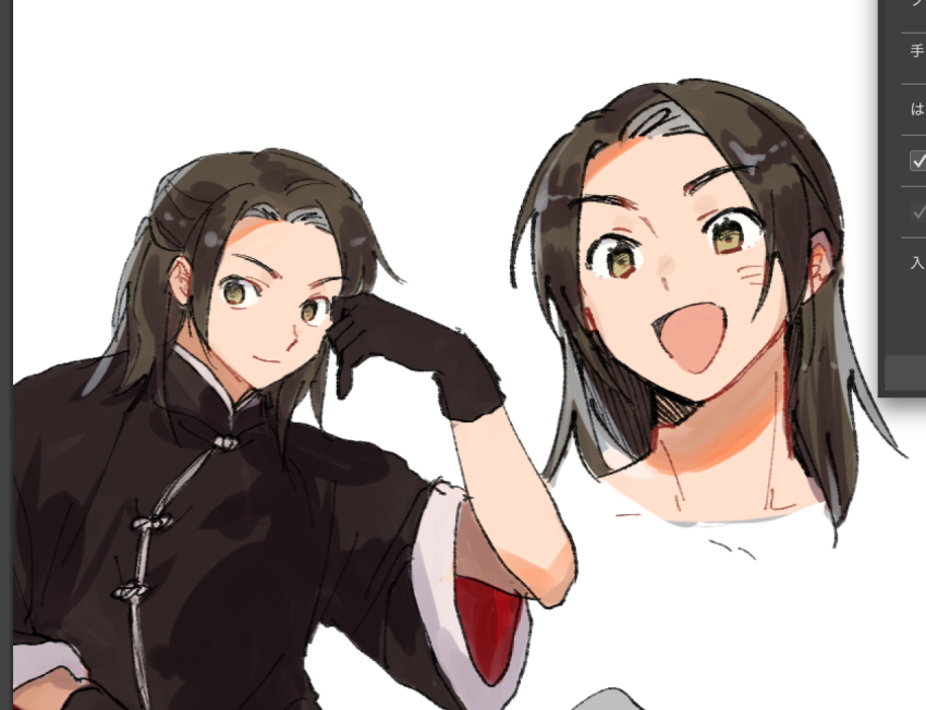 1boy, axis_powers_hetalia, black_gloves, black_shirt, blush, brown_eyes, brown_hair, changpao