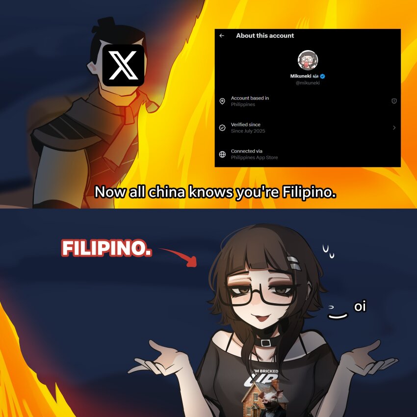 1boy, 1girl, absurdres, arrow_(symbol), black-framed_eyewear, black_choker, black_eyes, black_hair, black_shirt, blunt_bangs, bra_strap, choker, commentary, english_commentary, english_text, fire, glasses, hair_ornament, hairclip, highres, li_shang_(disney), looking_at_viewer, medium_hair, mikuneki, mulan_(movie), open_mouth, original, parallel_hairclips, photo_inset, riyo_kaede_(mikuneki), scene_reference, semi-rimless_eyewear, shirt, shrugging, smile, twitter, under-rim_eyewear, up_(movie)