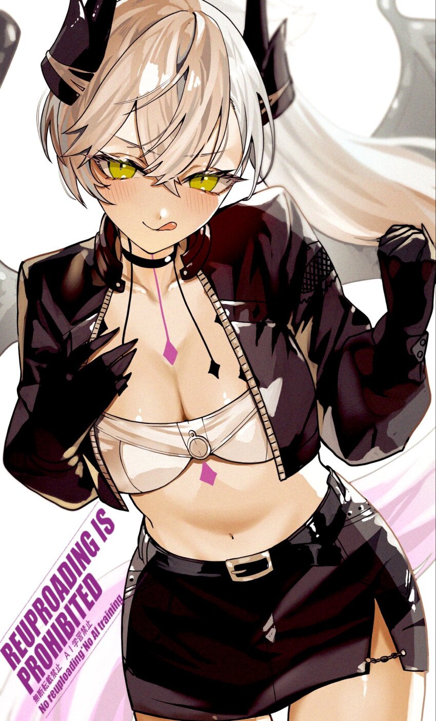 1girl, black_hands, black_jacket, black_skirt, blush, body_markings, breasts, choker, cleavage, colored_extremities, crossed_bangs, demon_girl, demon_horns, demon_wings, ear_piercing, fate/grand_order, fate_(series), green_eyes, grey_hair, hair_between_eyes, high_ponytail, highres, horns, jacket, kabosoi_mangaka, large_breasts, licking_lips, lilith_(fate), lilith_(over_the_same_sky)_(fate), long_hair, long_sleeves, midriff, navel, open_mouth, pencil_skirt, piercing, pointy_ears, ponytail, shirt, skirt, smile, solo, tongue, tongue_out, very_long_hair, white_shirt, wings