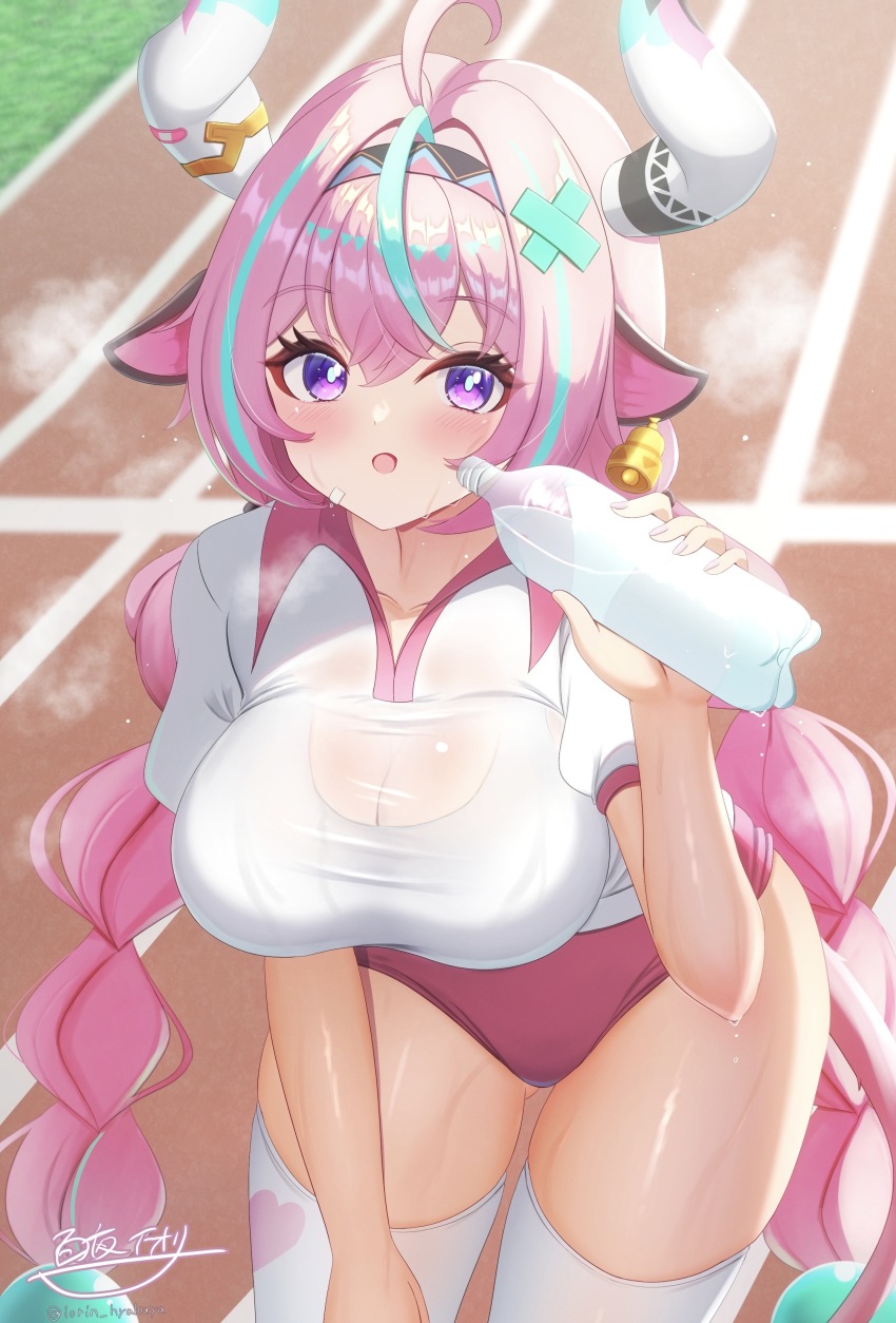 1girl, :o, absurdres, ahoge, alternate_costume, animal_ears, aqua_streaks, bell, bell_earrings, blush, bottle, breasts, cleavage, commentary_request, cow_ears, cow_girl, cow_horns, cowbell, earrings, genshin_impact, hair_between_eyes, hand_up, highres, holding, holding_bottle, horns, hyakuya_iori, jewelry, large_breasts, leaning_forward, long_hair, looking_at_viewer, multicolored_hair, pink_hair, purple_eyes, see-through_clothes, shirt, signature, solo, streaked_hair, sweat, thighhighs, twitter_username, varesa_(genshin_impact), very_long_hair, very_sweaty, water_bottle, wet, wet_clothes, wet_shirt, white_shirt, white_thighhighs