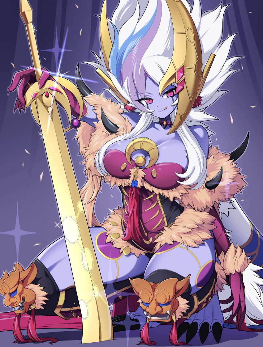 1girl, absurdres, breasts, colored_skin, duel_monster, full_body, gloves, highres