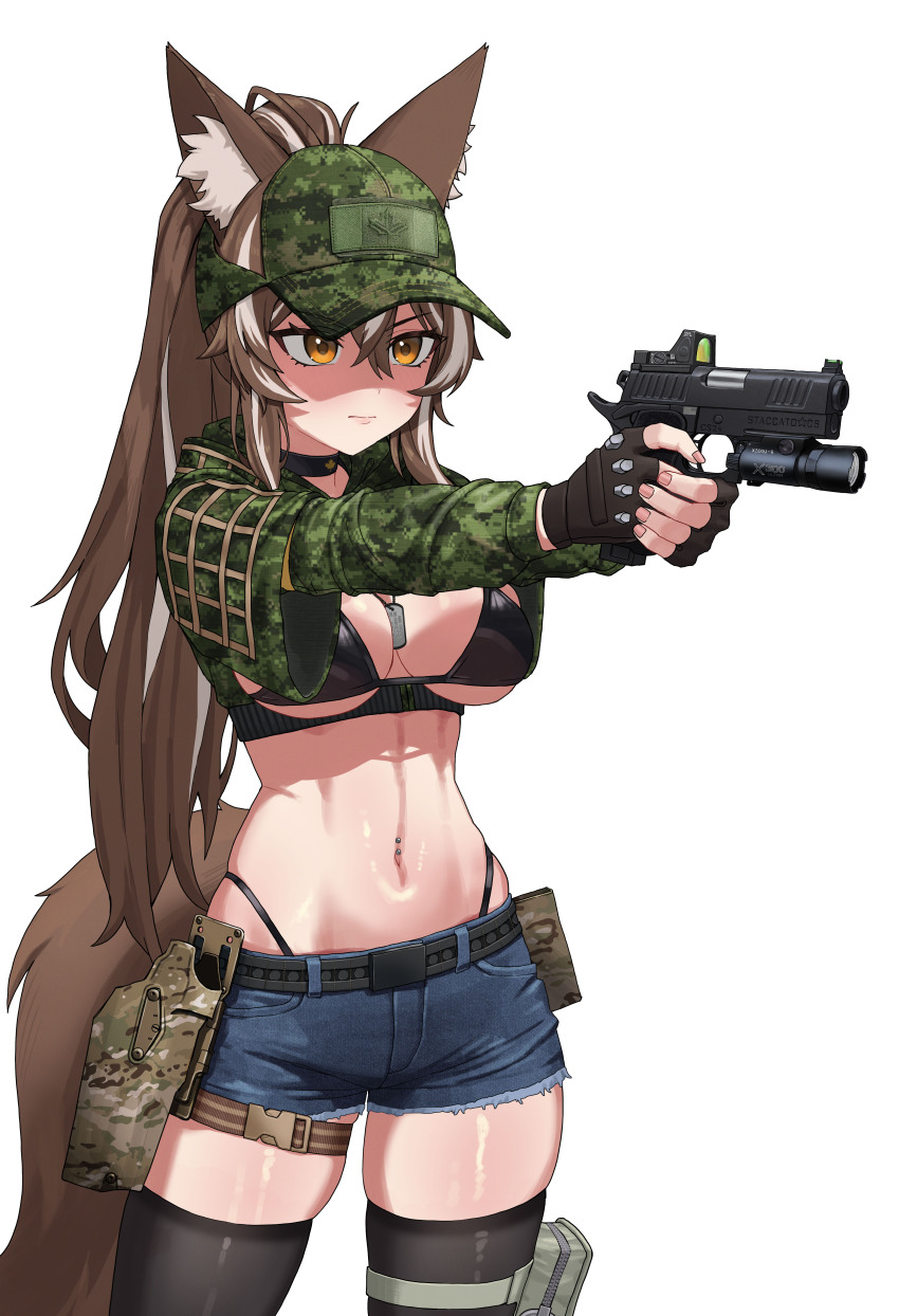 1girl, absurdres, black_gloves, black_thighhighs, breasts, brown_eyes, brown_hair, bt_(user_udwc7853), fingerless_gloves, gloves, gun, handgun, highres, holster, large_breasts, military, military_combat_uniform, military_uniform, navel, original, ponytail, school_uniform, simple_background, tactical_clothes, tactical_school_uniform, thigh_holster, thighhighs, thighs, weapon, white_background
