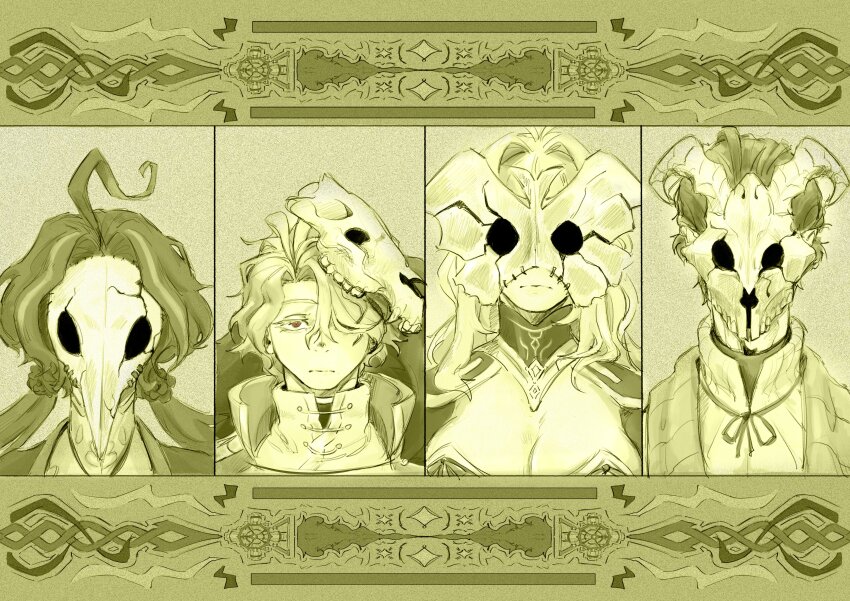 1boy, 3girls, absurdres, ahoge, antenna_hair, badatthings, bird_mask, black_hair