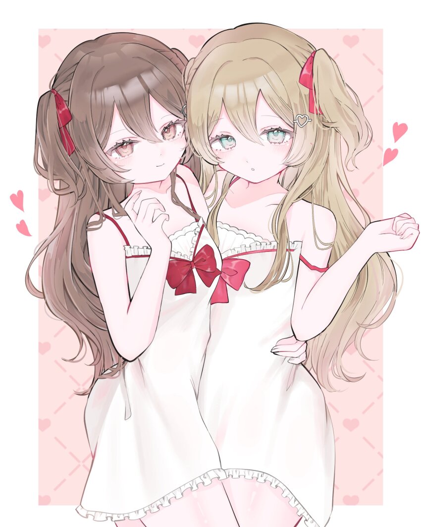 2girls, blue_eyes, bow, bowtie, brown_eyes, brown_hair, closed_mouth, commentary