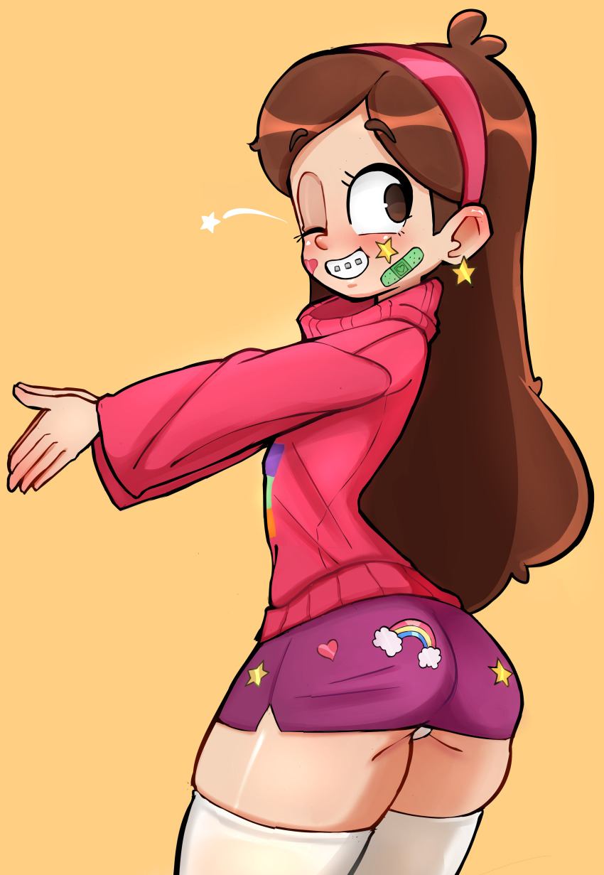 1girl, absurdres, ass, bandaid, bandaid_on_cheek, bandaid_on_face, blush, braces, brown_eyes, brown_hair, disney, earrings, flat_chest, from_behind, gravity_falls, grin, hairband, heart, heart_sticker, highres, jewelry, loli, long_hair, long_sleeves, looking_at_viewer, looking_back, mabel_pines, one_eye_closed, own_hands_together, panties, panty_peek, pencil_skirt, purple_skirt, rainbow_sticker, red_sweater, rukisan_03, skirt, smile, standing, star_(symbol), star_earrings, star_sticker, sticker, sticker_on_clothes, sticker_on_face, sweater, teeth, thick_thighs, thighhighs, thighs, underwear, white_panties, white_thighhighs, wide_hips, wink, yellow_background