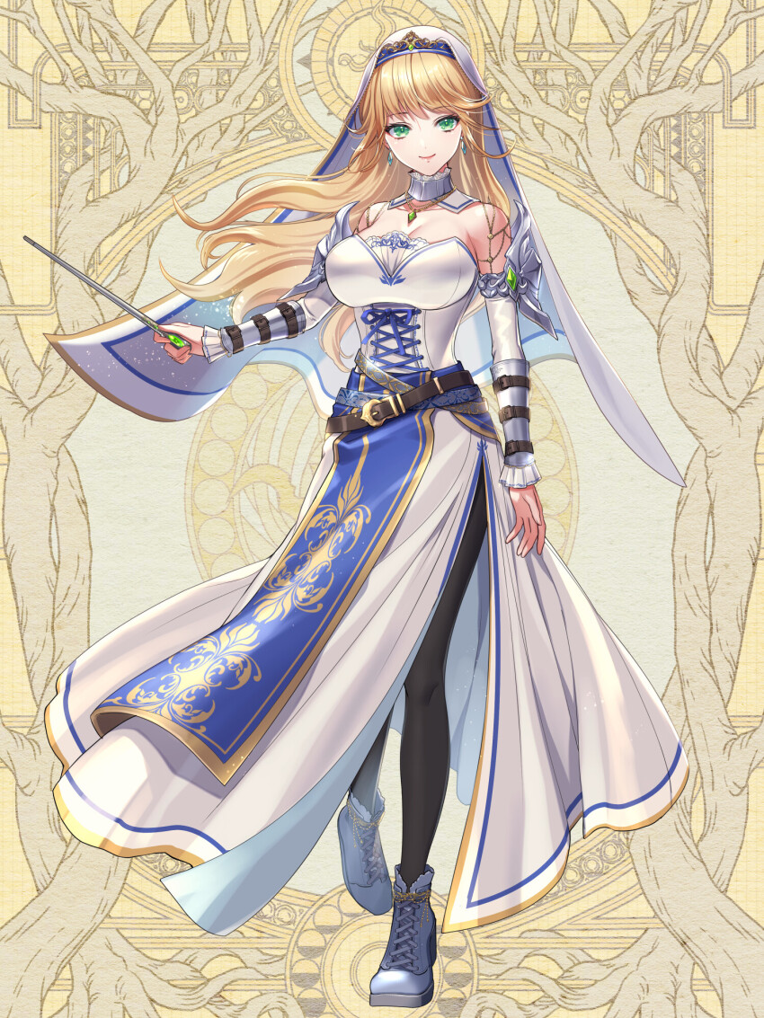 1girl, armlet, belt, black_pantyhose, blonde_hair, bracer, breasts, cleavage, corset, dairoku_ryouhei, dress, earrings, elizabeth_knights, full_body, green_eyes, grey_shoes, highres, holding, holding_wand, jewelry, kansai_takeru, long_hair, looking_at_viewer, medium_breasts, necklace, pantyhose, shoes, smile, solo, standing, wand, white_dress, yellow_background