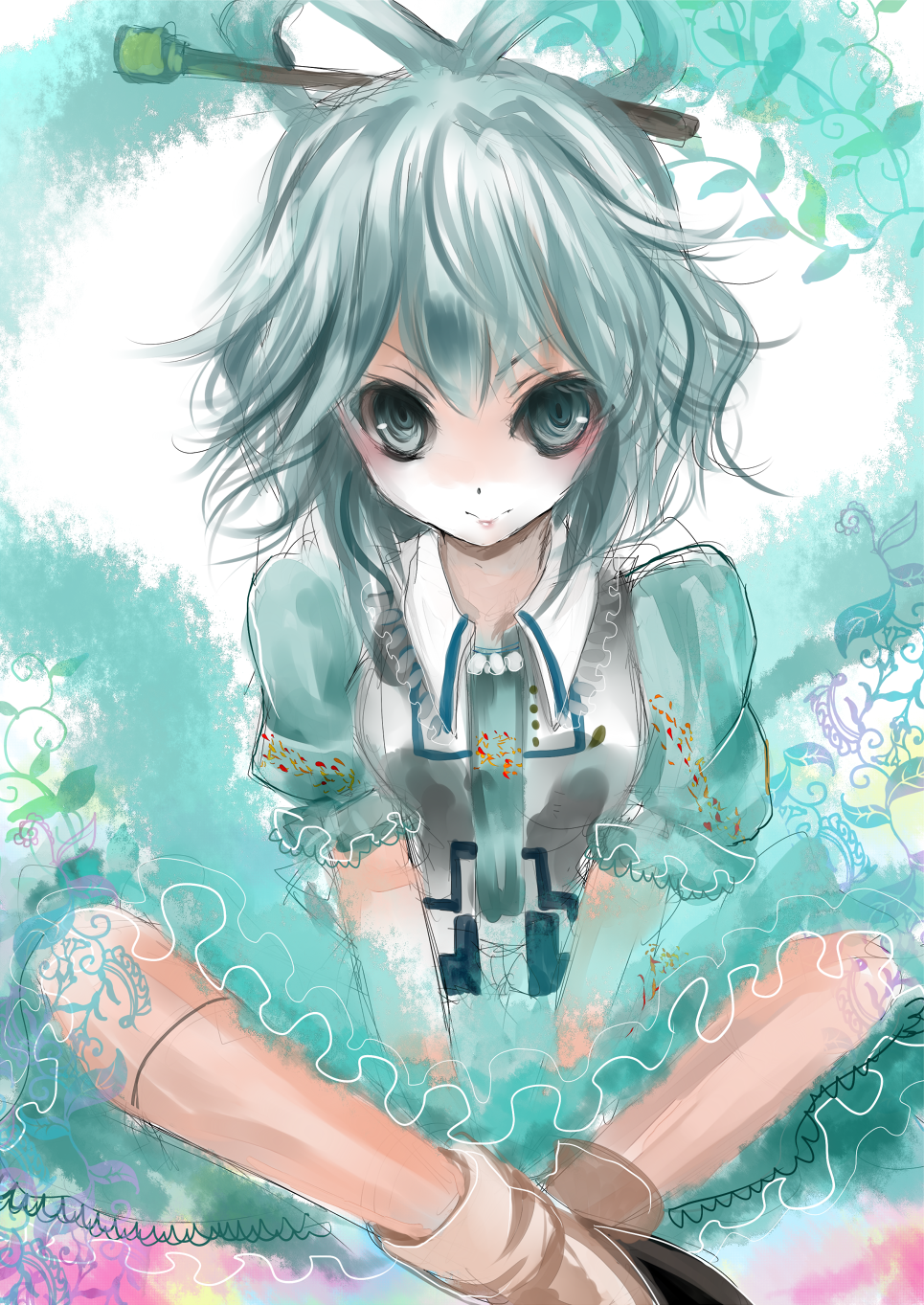 1girl, blue_eyes, blue_hair, female_focus, hair_ornament, hair_rings, hair_stick, highres