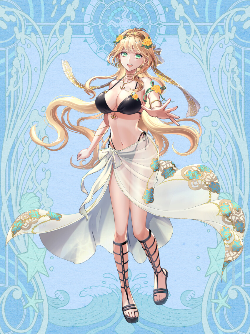 1girl, :d, anchor_necklace, arm_ribbon, bikini, black_bikini, blonde_hair, blue_background, bracelet, breasts, dairoku_ryouhei, elizabeth_knights, flower, full_body, green_eyes, hair_flower, hair_ornament, highres, jewelry, kansai_takeru, long_hair, looking_at_viewer, medium_breasts, navel, necklace, open_mouth, ribbon, sandals, see-through_clothes, see-through_skirt, side-tie_bikini_bottom, skirt, smile, solo, standing, swimsuit, very_long_hair