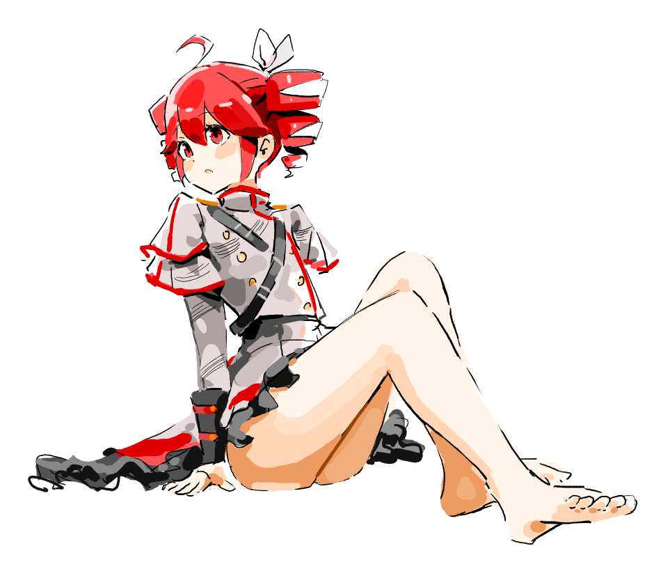 1girl, :o, ahoge, ass, barefoot, blush, blush_stickers, buttons, double-breasted, drill_hair, frilled_skirt, frills, full_body, grey_jacket, grey_skirt, hair_between_eyes, hair_ribbon, jacket, kasane_teto, kasane_teto_(sv), knees_up, long_hair, long_sleeves, looking_afar, looking_to_the_side, mp777b, on_ground, open_mouth, raised_eyebrows, red_eyes, red_hair, red_trim, ribbon, short_hair, shoulder_belt, shoulder_boards, sidelocks, simple_background, sitting, sketch, skirt, solo, synthesizer_v, toes, twin_drills, white_background, white_ribbon