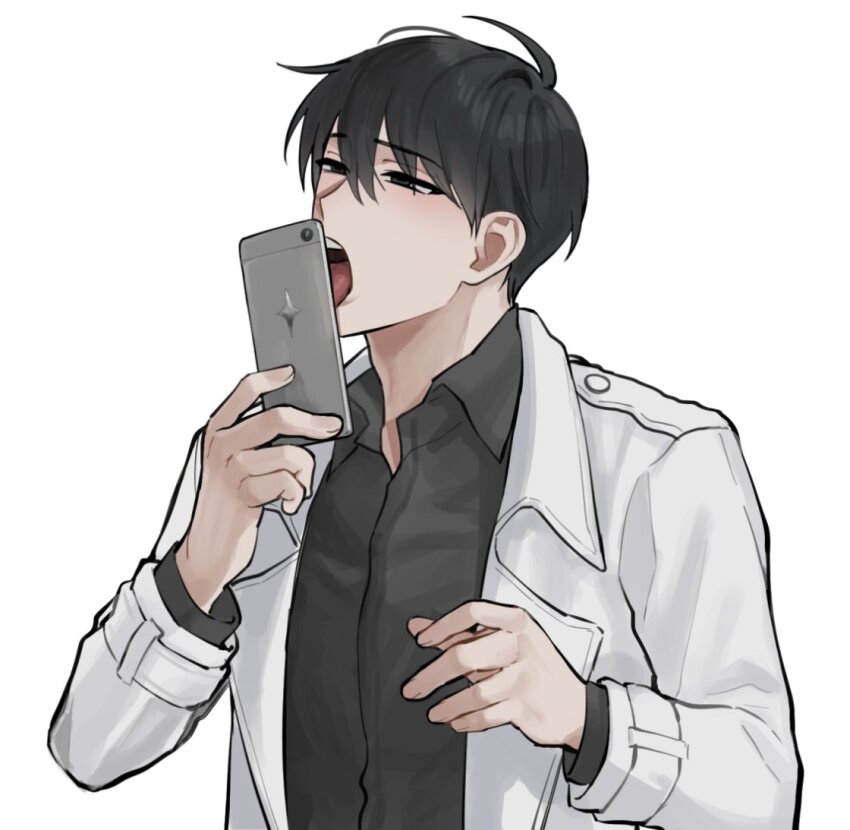 1boy, black_eyes, black_hair, black_shirt, coat, collared_shirt, half-closed_eyes, holding