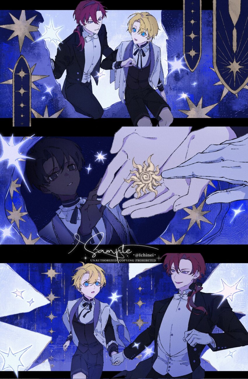 2boys, alberu_crossman, black_hair, black_jacket, black_pants, black_ribbon, black_shorts, black_vest